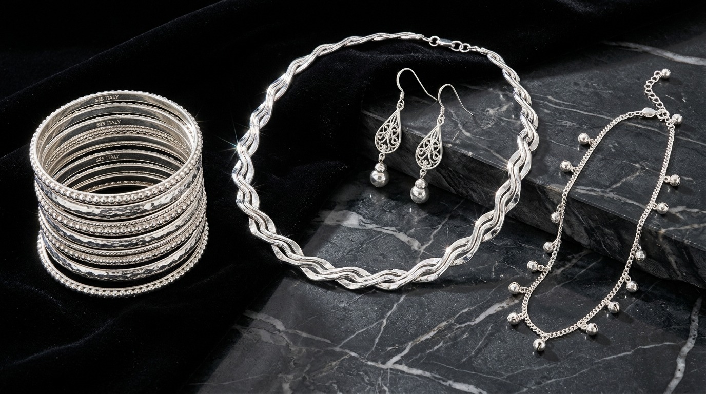 Argento Italia 925 Sterling Silver Grand Suite - Churi, Necklace, Earrings, Nupur